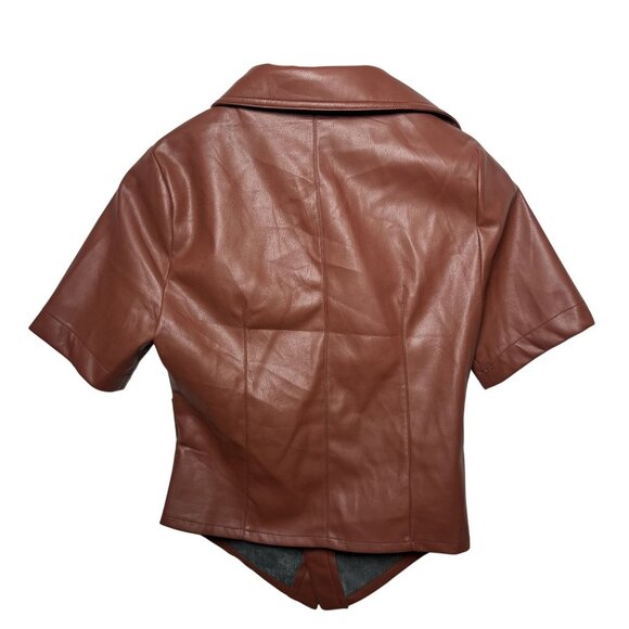 House Of Harlow 1960 Vegan Leather Short-Sleeve Button-Up Shirt - Rust Brown XS - Picture 2 of 6